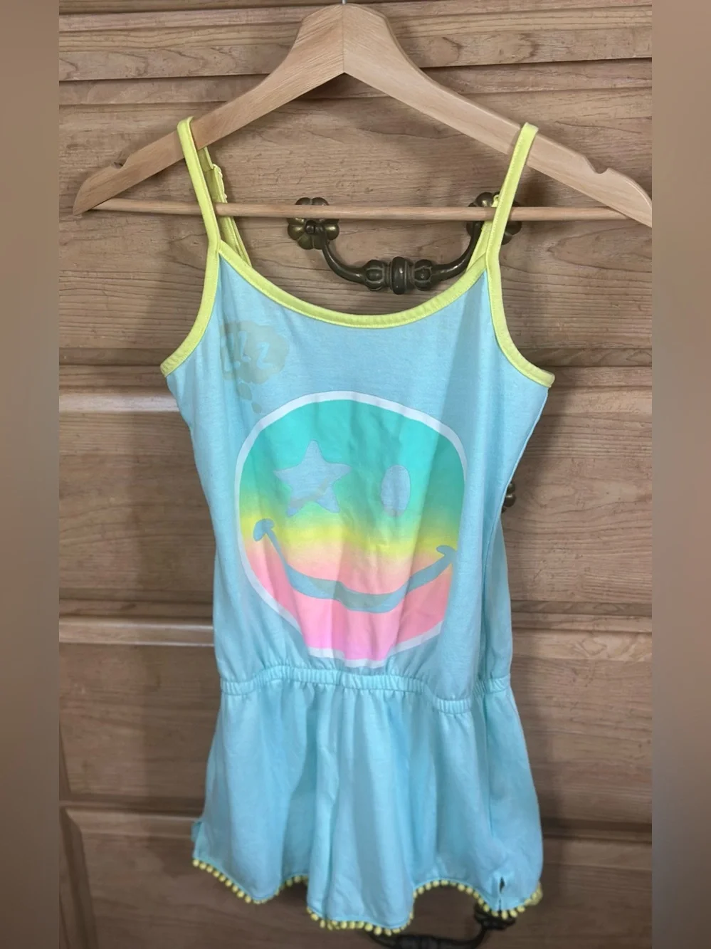 Light Blue Graphic Smiley Romper with Neon Tassled Trim | Size 12